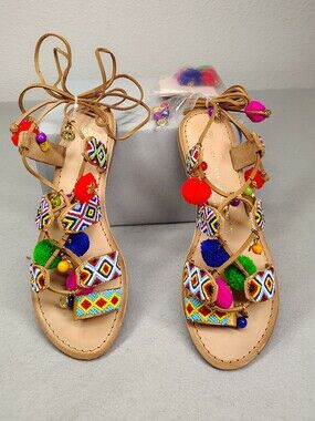 Chinese Laundry Los Angeles Boho Pom-Pom Lace-Up Sandals - Multicolor - Size 6.5